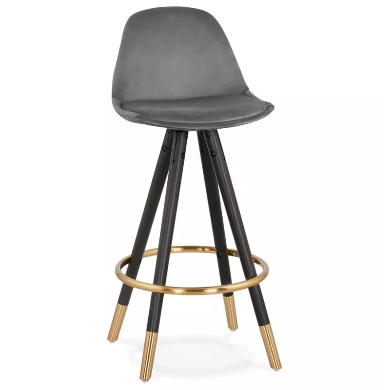 Tabouret de bar mi-hauteur design en velours pieds noirs et dorés NEKO MINI (gris)