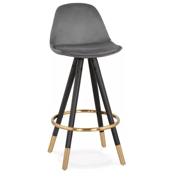 Tabouret de bar mi-hauteur design en velours pieds noirs et dorés NEKO MINI (gris)