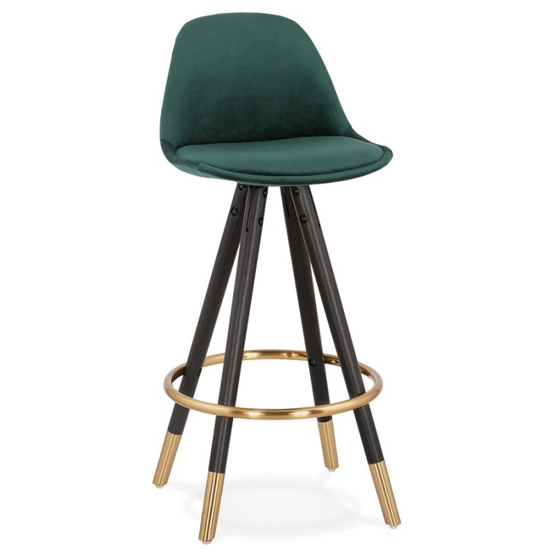 Tabouret de bar mi-hauteur design en velours pieds noirs et dorés NEKO MINI (vert)