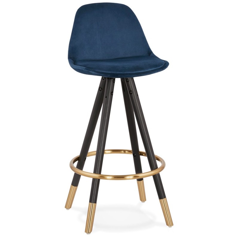 Tabouret de bar mi-hauteur design en velours pieds noirs et dorés NEKO MINI (bleu)