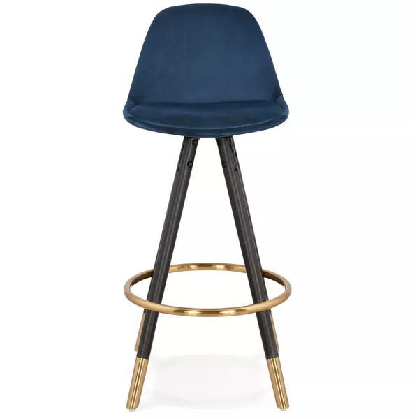 Tabouret de bar mi-hauteur design en velours pieds noirs et dorés NEKO MINI (bleu)