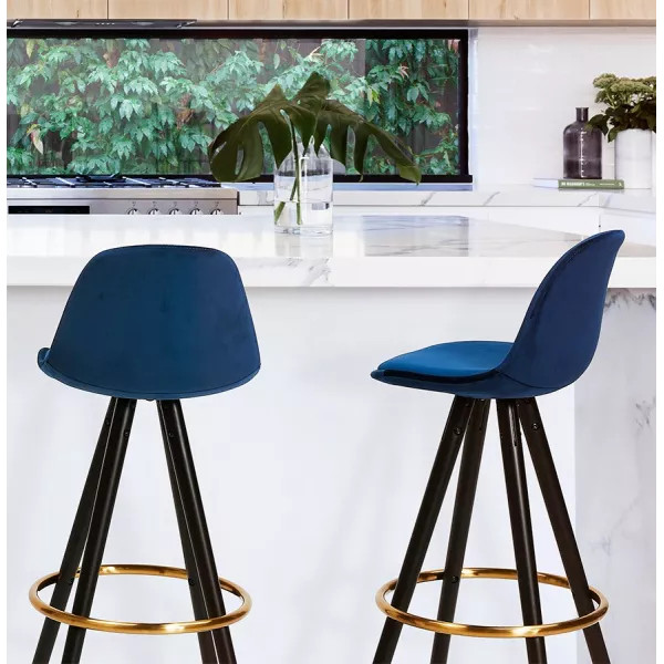 Tabouret de bar mi-hauteur design en velours pieds noirs et dorés NEKO MINI (bleu)