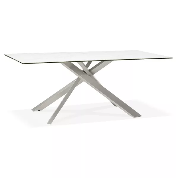 Table à manger design en céramique et métal acier brossé (180x90 cm) FLORINA (blanc)