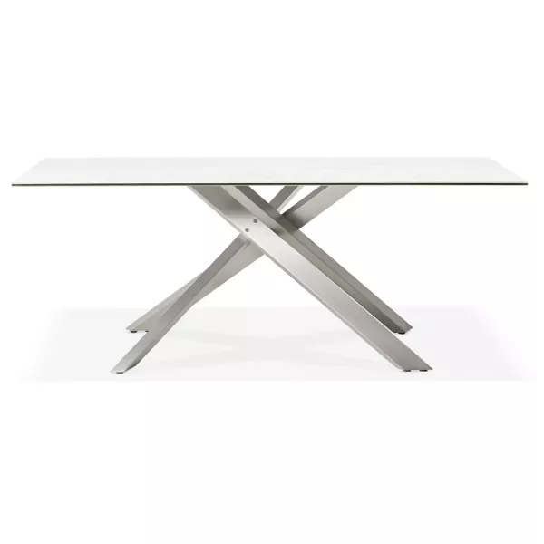 Table à manger design en céramique et métal acier brossé (180x90 cm) FLORINA (blanc)