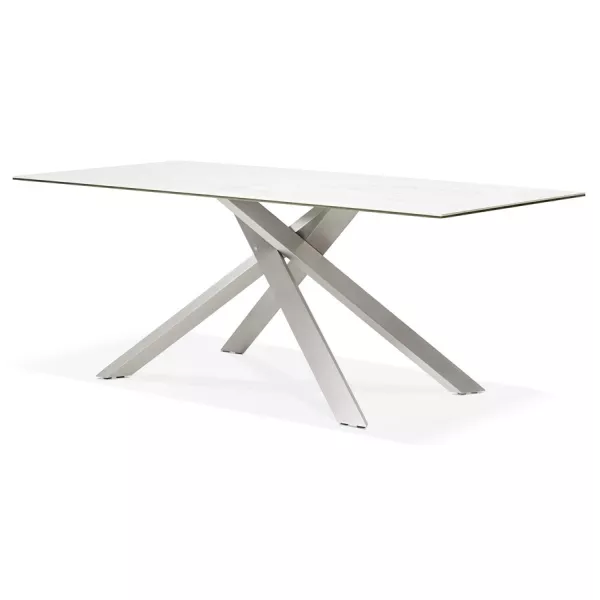 Table à manger design en céramique et métal acier brossé (180x90 cm) FLORINA (blanc)