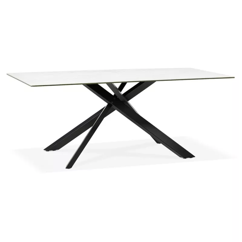 Table à manger design en céramique et métal noir (180x90 cm) FLORINA (blanc)