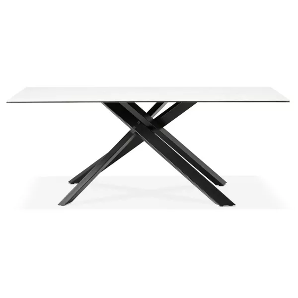 Table à manger design en céramique et métal noir (180x90 cm) FLORINA (blanc)