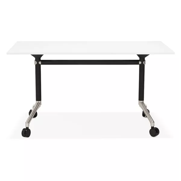 SAYA mesa de tarima de madera de patas negras (140x70 cm) (blanco) asociarse con Escritorio apilable de diseño contemporáneo par