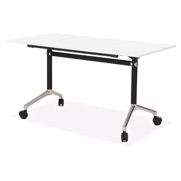 SAYA black-footed wooden wheely table (140x70 cm) (white) to associate with Stackable Contemporary Design Desk to Save Space