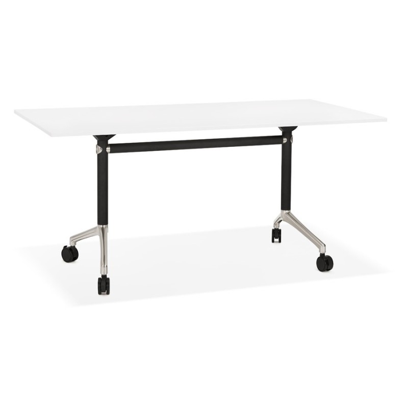 Table pliante sur roulettes en bois pieds noirs SAYA (160x80 cm) (blanc)