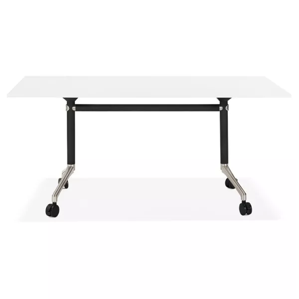 Table pliante sur roulettes en bois pieds noirs SAYA (160x80 cm) (blanc)