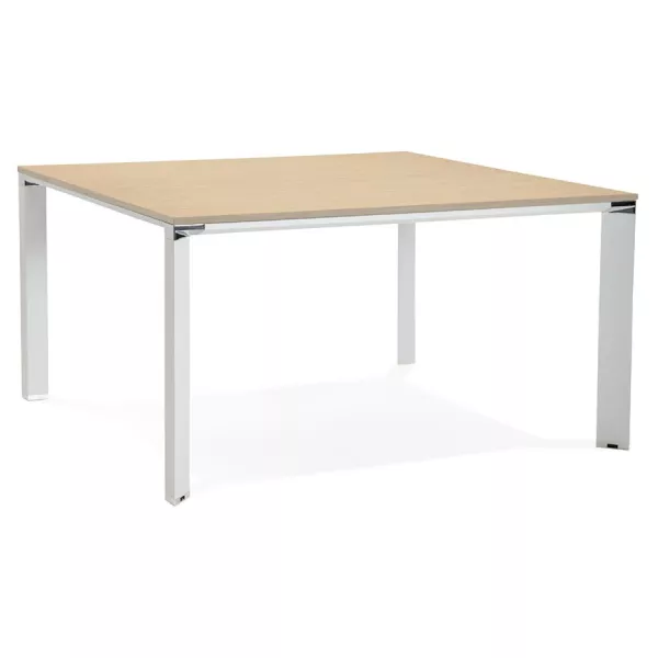 Bureau BENCH table de réunion moderne en bois pieds blancs RICARDO (140x140 cm) (naturel)