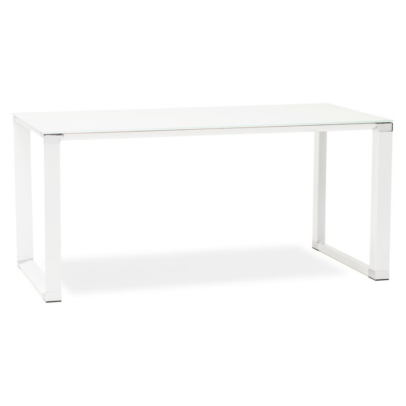 Bureau droit design en verre trempé pieds blancs BOIN (140x70 cm) (blanc)