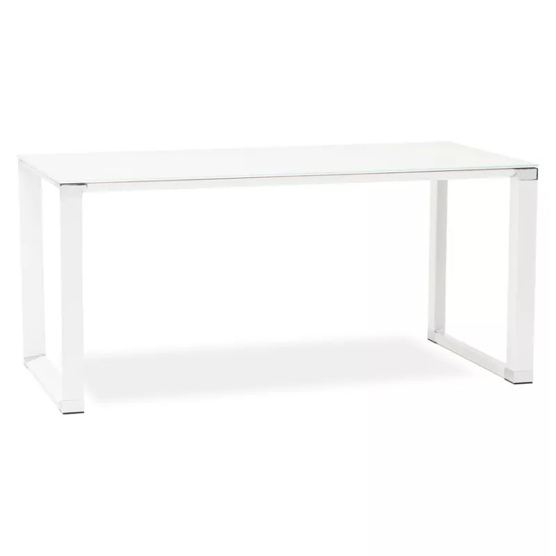 Bureau droit design en verre trempé pieds blancs BOIN (140x70 cm) (blanc)