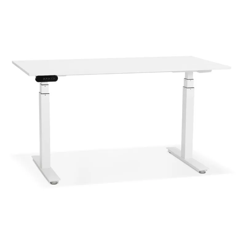 Bureau assis debout électrique en bois pieds blancs KESSY (140x70 cm) (blanc)