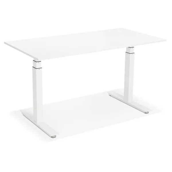 Bureau assis debout électrique en bois pieds blancs KESSY (140x70 cm) (blanc)