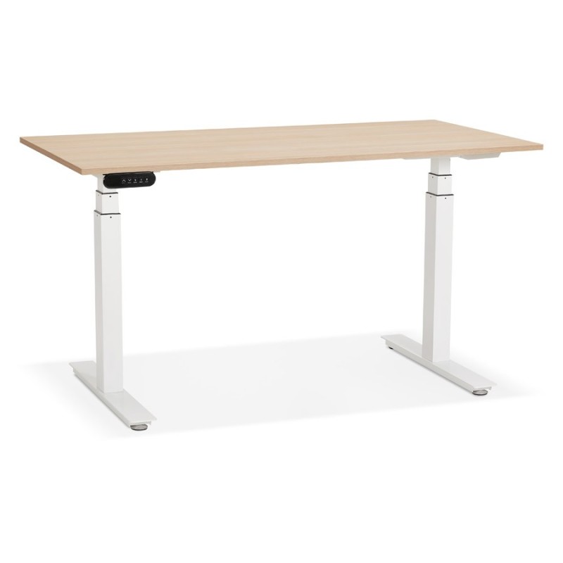 Bureau assis debout électrique en bois pieds blancs KESSY (140x70 cm) (finition naturelle)