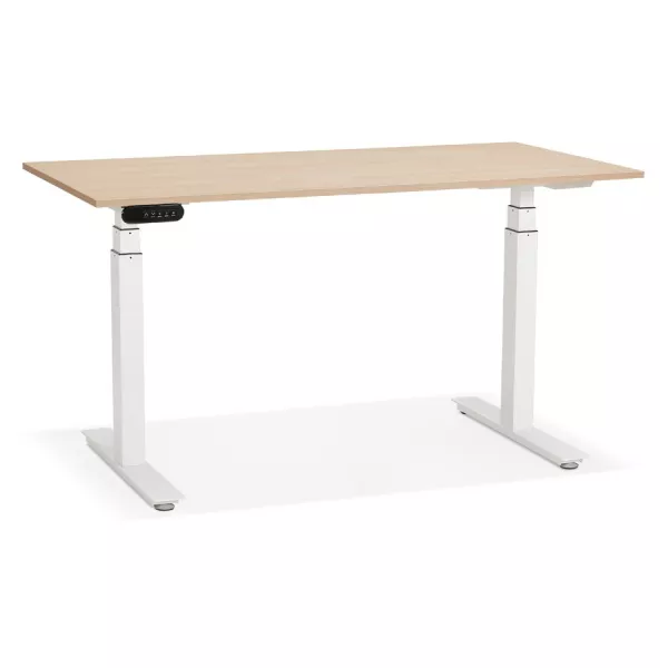 Bureau assis debout électrique en bois pieds blancs KESSY (140x70 cm) (finition naturelle)