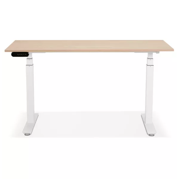 Bureau assis debout électrique en bois pieds blancs KESSY (140x70 cm) (finition naturelle)