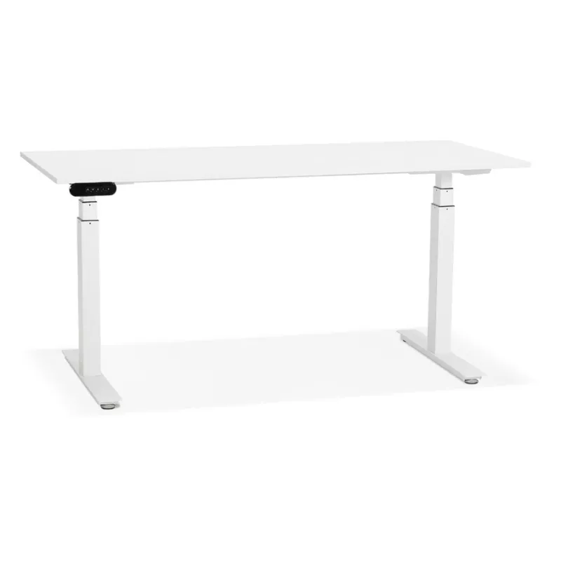 Bureau assis debout électrique en bois pieds blancs KESSY (160x80 cm) (blanc)