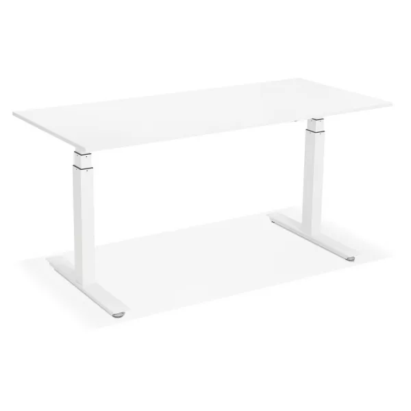 Bureau assis debout électrique en bois pieds blancs KESSY (160x80 cm) (blanc)