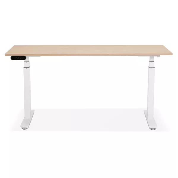 Bureau assis debout électrique en bois pieds blancs KESSY (160x80 cm) (finition naturelle)