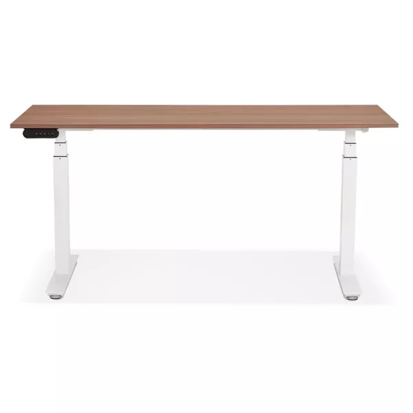 Bureau assis debout électrique en bois pieds blancs KESSY (160x80 cm) (finition noyer)