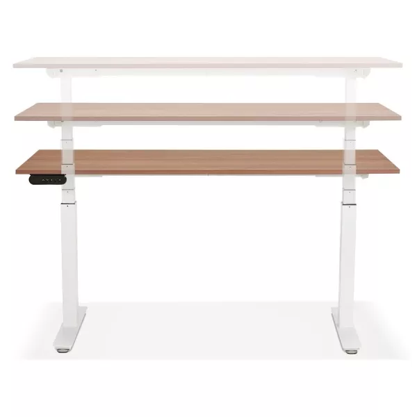 Bureau assis debout électrique en bois pieds blancs KESSY (160x80 cm) (finition noyer)