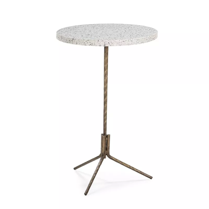 Table d'appoint, bout de canapé 44x44x67 Fer Doré Antique Époxi Terrazzo Blanc