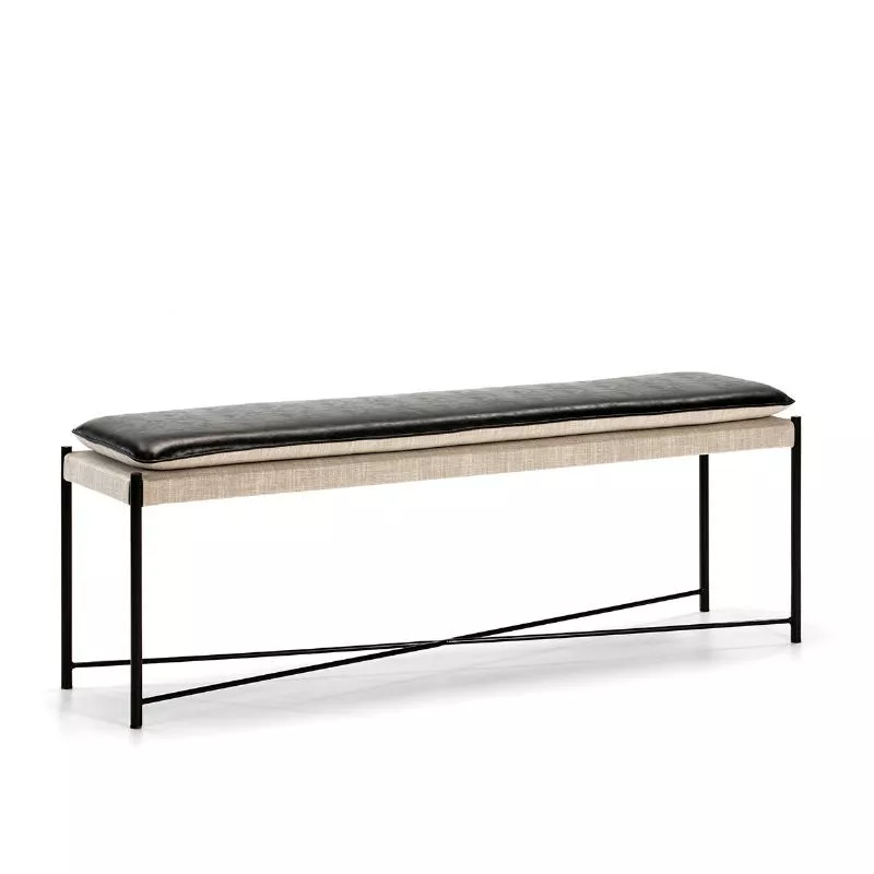 Banc 132x33x48 Métal Noir tissu Gris Cuir synthétique Noir