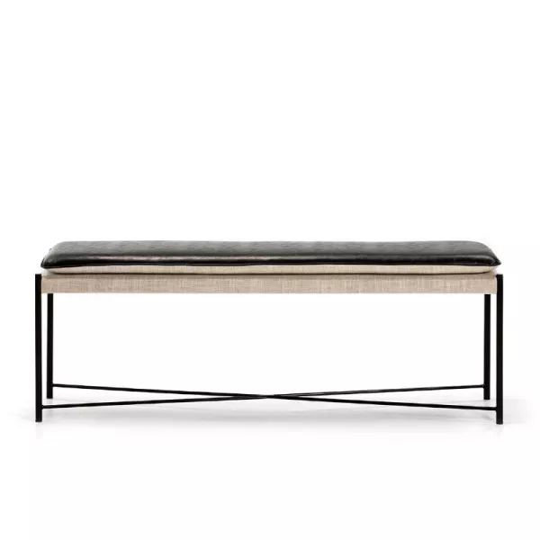 Banc 132x33x48 Métal Noir tissu Gris Cuir synthétique Noir