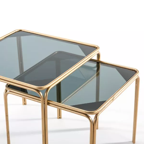 Set 2 Side Table 51X51X47   46X46X41 Smoked Glass Metal Golden to associate with Contemporary Leather Coffee Tables