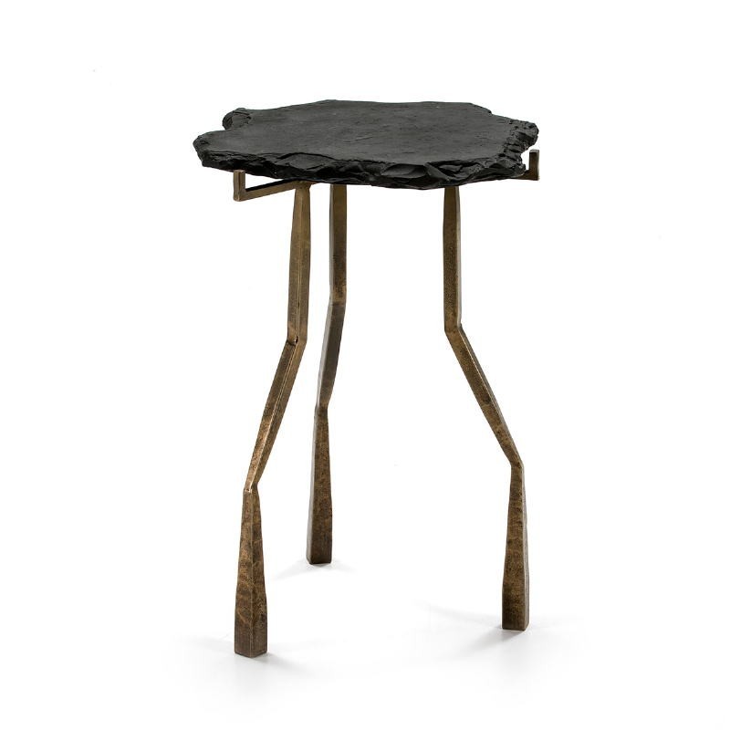 Table d'appoint, bout de canapé, bout de canapé 49x46x65 Pierre Noir Métal Doré Antique