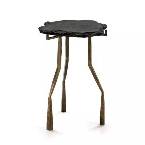 Table d'appoint, bout de canapé, bout de canapé 49x46x65 Pierre Noir Métal Doré Antique