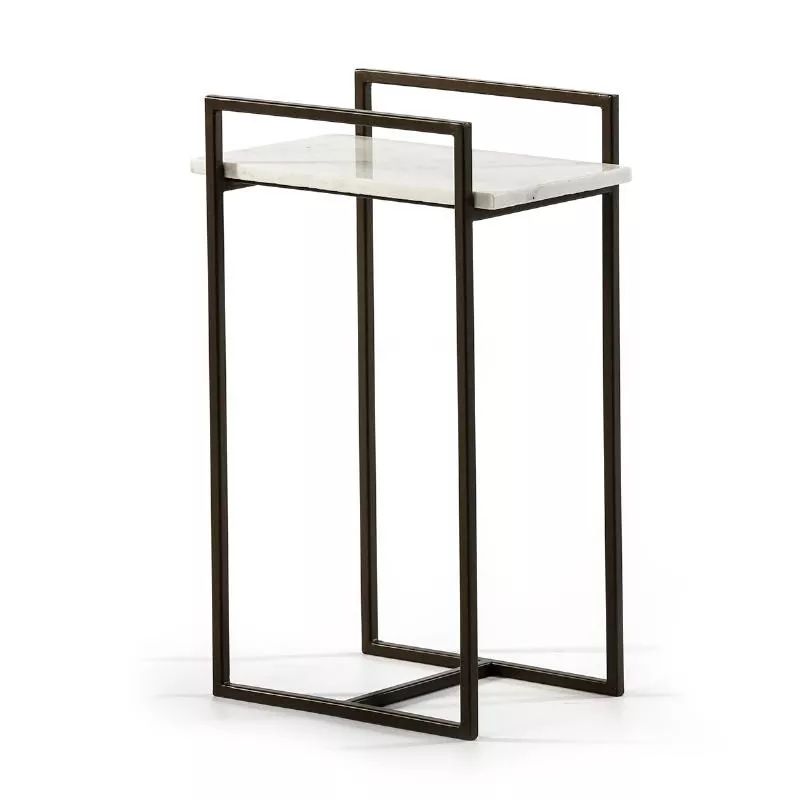 Table d'appoint, bout de canapé, bout de canapé 36x23x56 Marbre Blanc Métal Noir