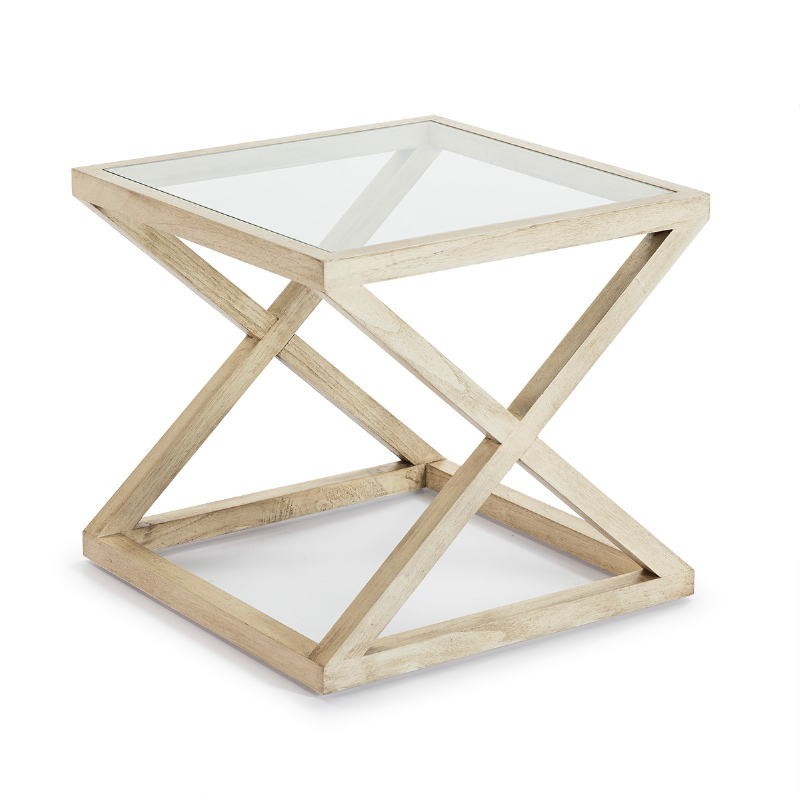 Table d'appoint, bout de canapé, bout de canapé 60x60x55 Verre Bois Blanc blanchi