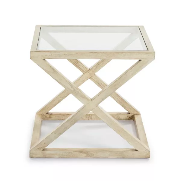 Table d'appoint, bout de canapé, bout de canapé 60x60x55 Verre Bois Blanc blanchi