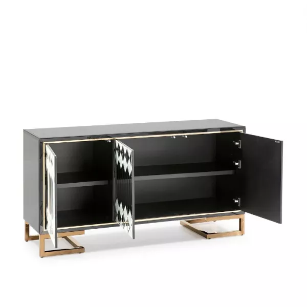 Buffet 3 portes 150x45x80 Verre Noir MDF Noir Miroir Métal Doré