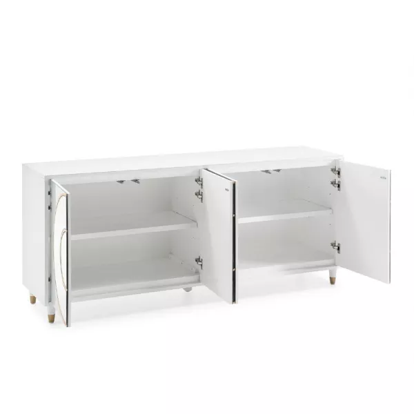 Buffet 4 portes 180x45x80 MDF Blanc Feuille d'Argent Miroir MDF Doré