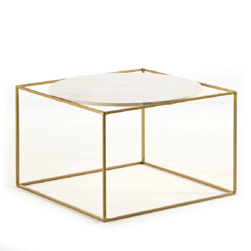 Table d'appoint, bout de canapé 60x60x40 Métal Doré Marbre Blanc