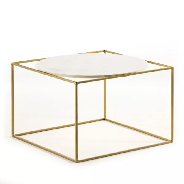 Table d'appoint, bout de canapé 60x60x40 Métal Doré Marbre Blanc