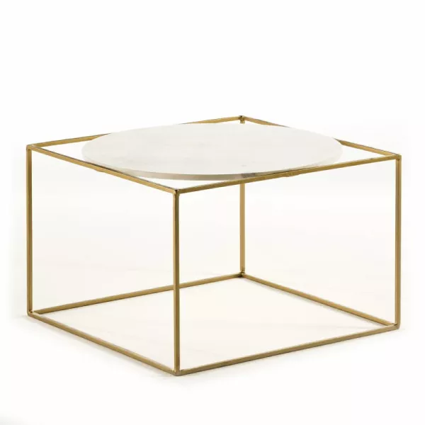 Table d'appoint, bout de canapé 60x60x40 Métal Doré Marbre Blanc