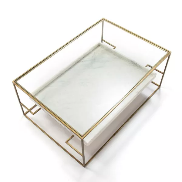 Table basse 111x76x45 Verre Marbre Blanc Métal Doré