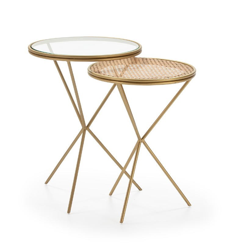 Set 2 Side Table 49X49X67 Glass Rattan Metal Golden to associate with Upholstered Coffee Tables for Optimal Comfort