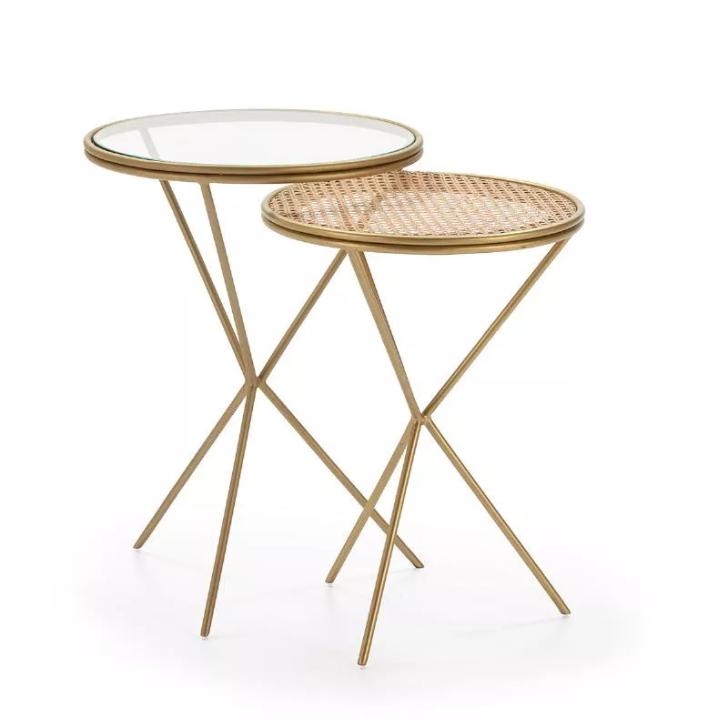 Set 2 Side Table 49X49X67 Glass Rattan Metal Golden to associate with Upholstered Coffee Tables for Optimal Comfort