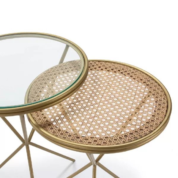 Set 2 Side Table 49X49X67 Glass Rattan Metal Golden to associate with Upholstered Coffee Tables for Optimal Comfort