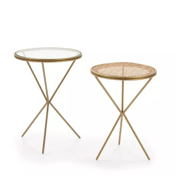 Set 2 Side Table 49X49X67 Glass Rattan Metal Golden to associate with Weather Resistant Garden Coffee Tables