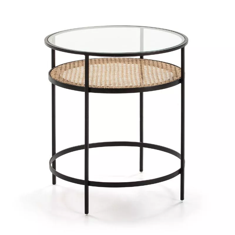 Tavolo Ausiliare 55X55X62 Vetro Rattan Metallo Nero associarsi a Tavolini Scandinavi Dal Design Pulito