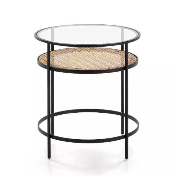 Tavolo Ausiliare 55X55X62 Vetro Rattan Metallo Nero associarsi a Tavolini Scandinavi Dal Design Pulito