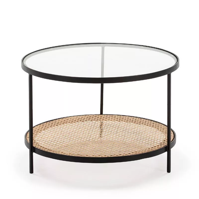 Kaffeetisch 66X66X45 Glas/Rattan/Metall Schwarz mit assoziieren Zeitgenössische Couchtische aus Leder